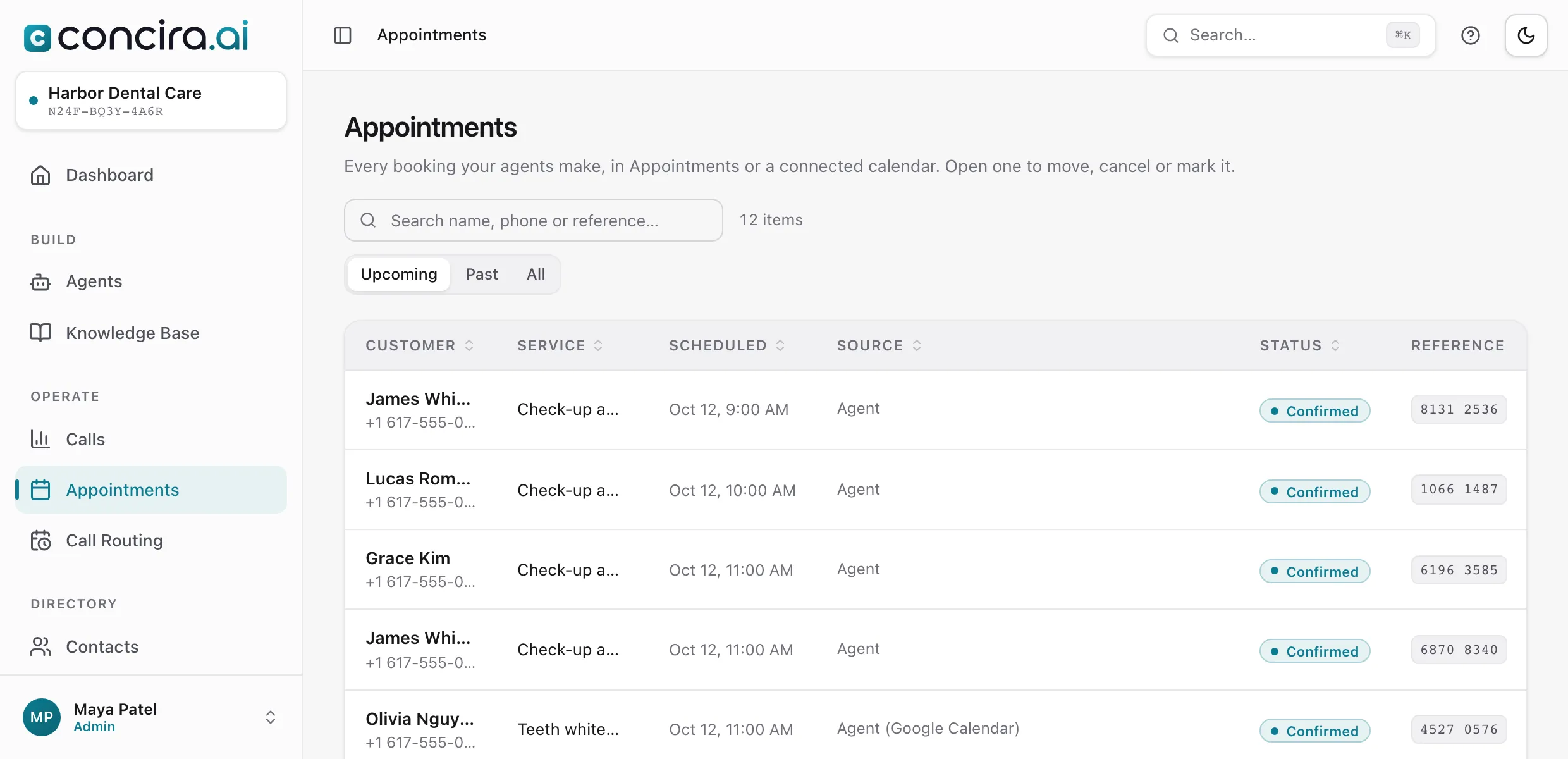Appointments: upcoming bookings with the service, the time, where each came from and its status