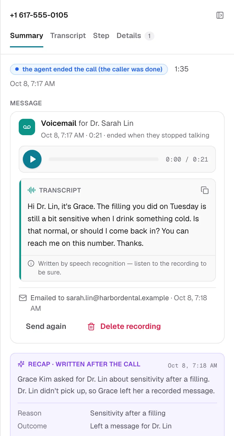 A voicemail on a call's page: the recording, its transcript, and who it was emailed to
