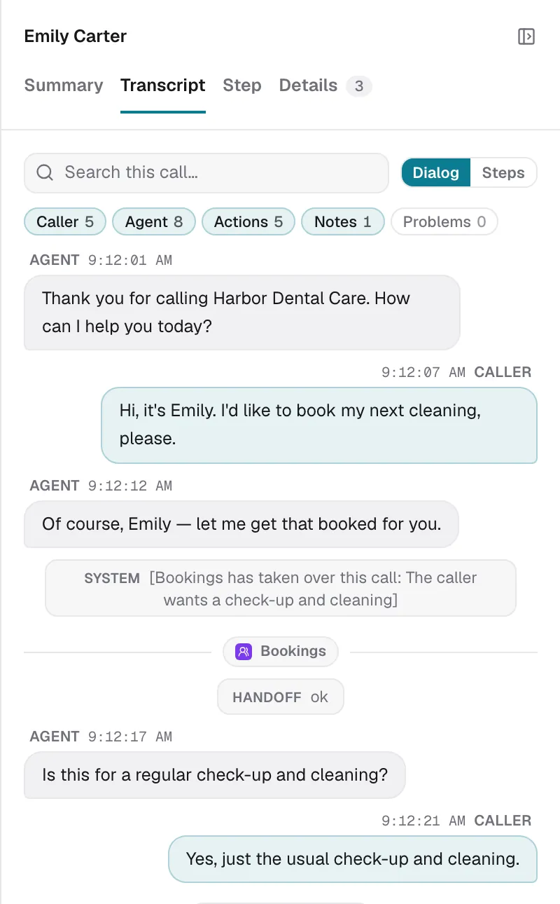 The call's transcript, line by line