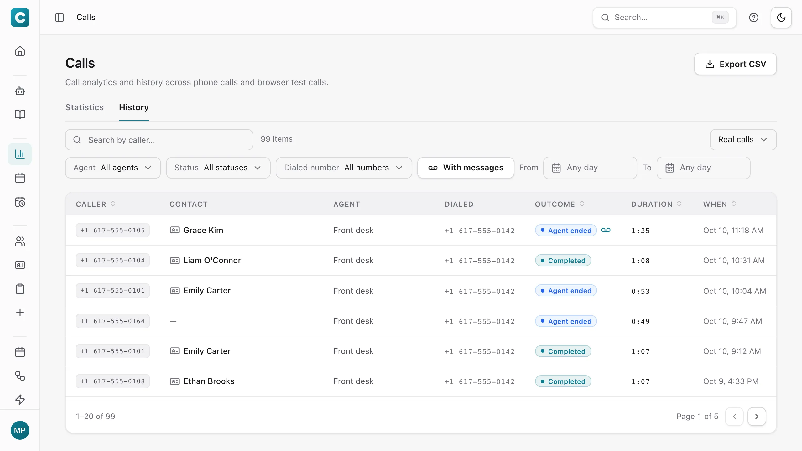 Call history: every call with how it ended, searchable and filterable, with Export CSV