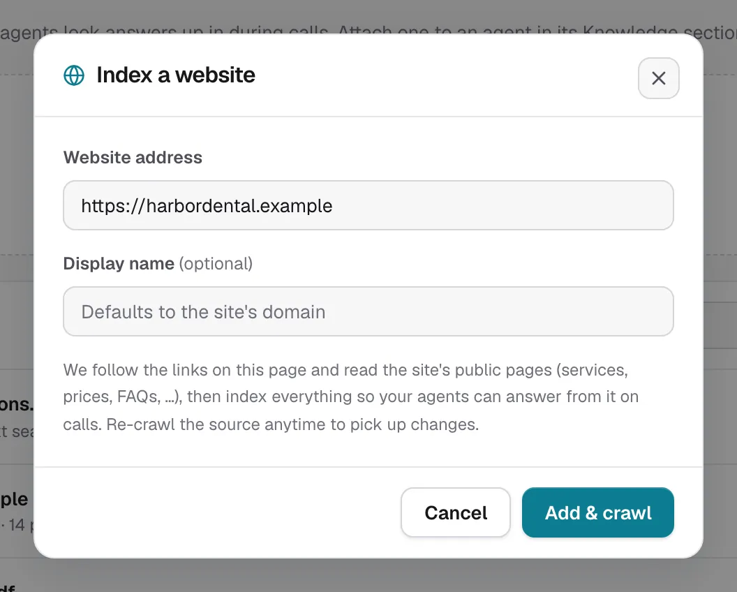 Adding a website to the knowledge base