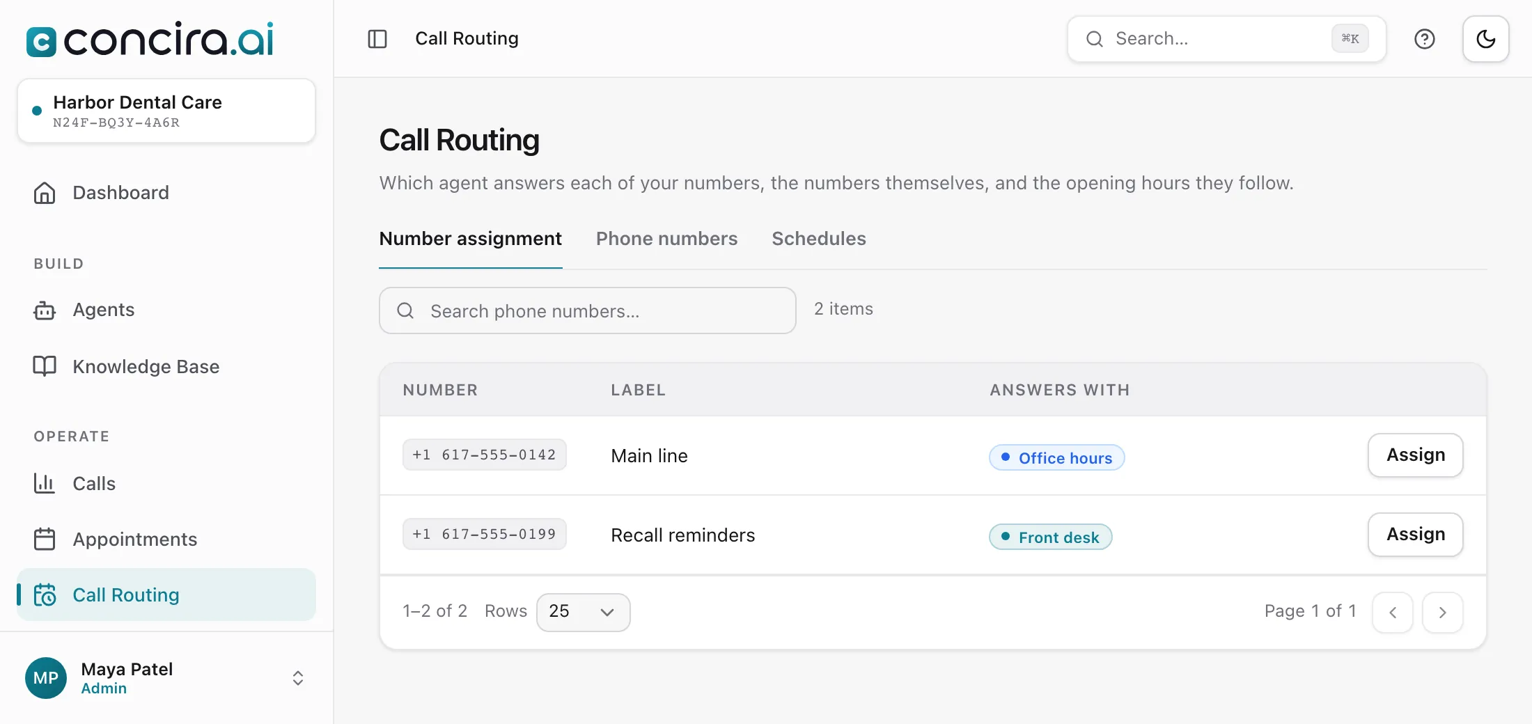 Call routing: each number with the agent or schedule that answers it