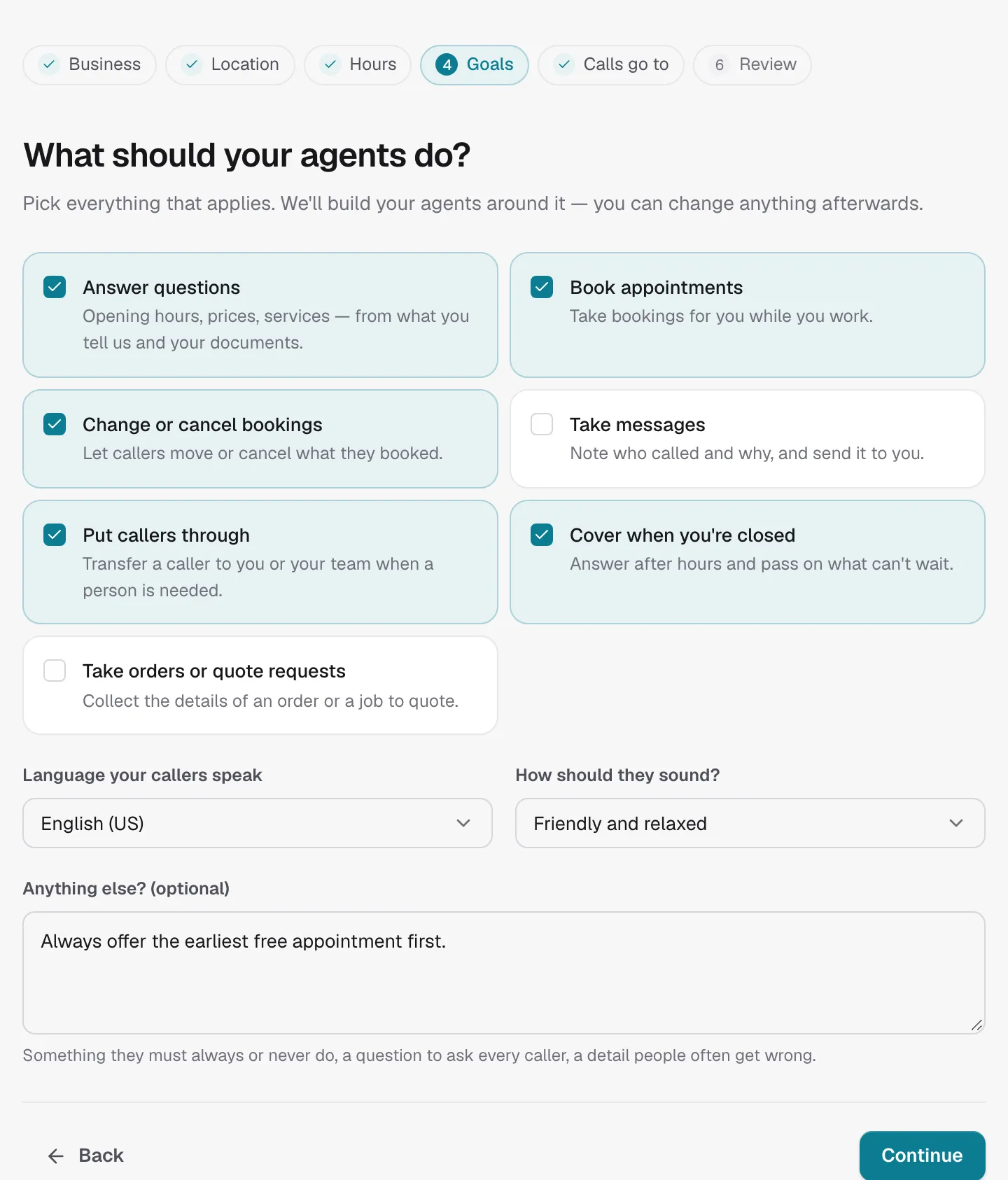 The setup question about what your agents should do: answer questions, book appointments, put callers through