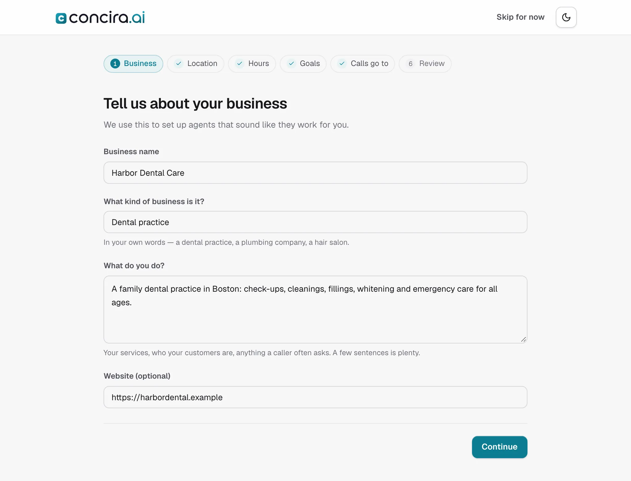 The setup questions: your business, location, hours, goals and who calls go to